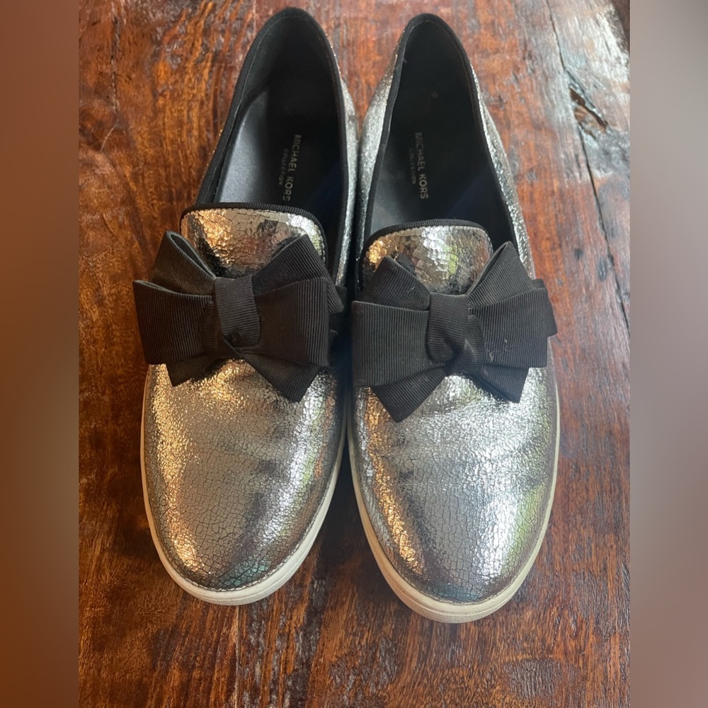 Super cute Michael Kors silver leather slip on sneakers/loafers